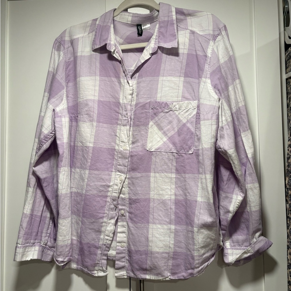 Purple and White Plaid Button-Up Shirt